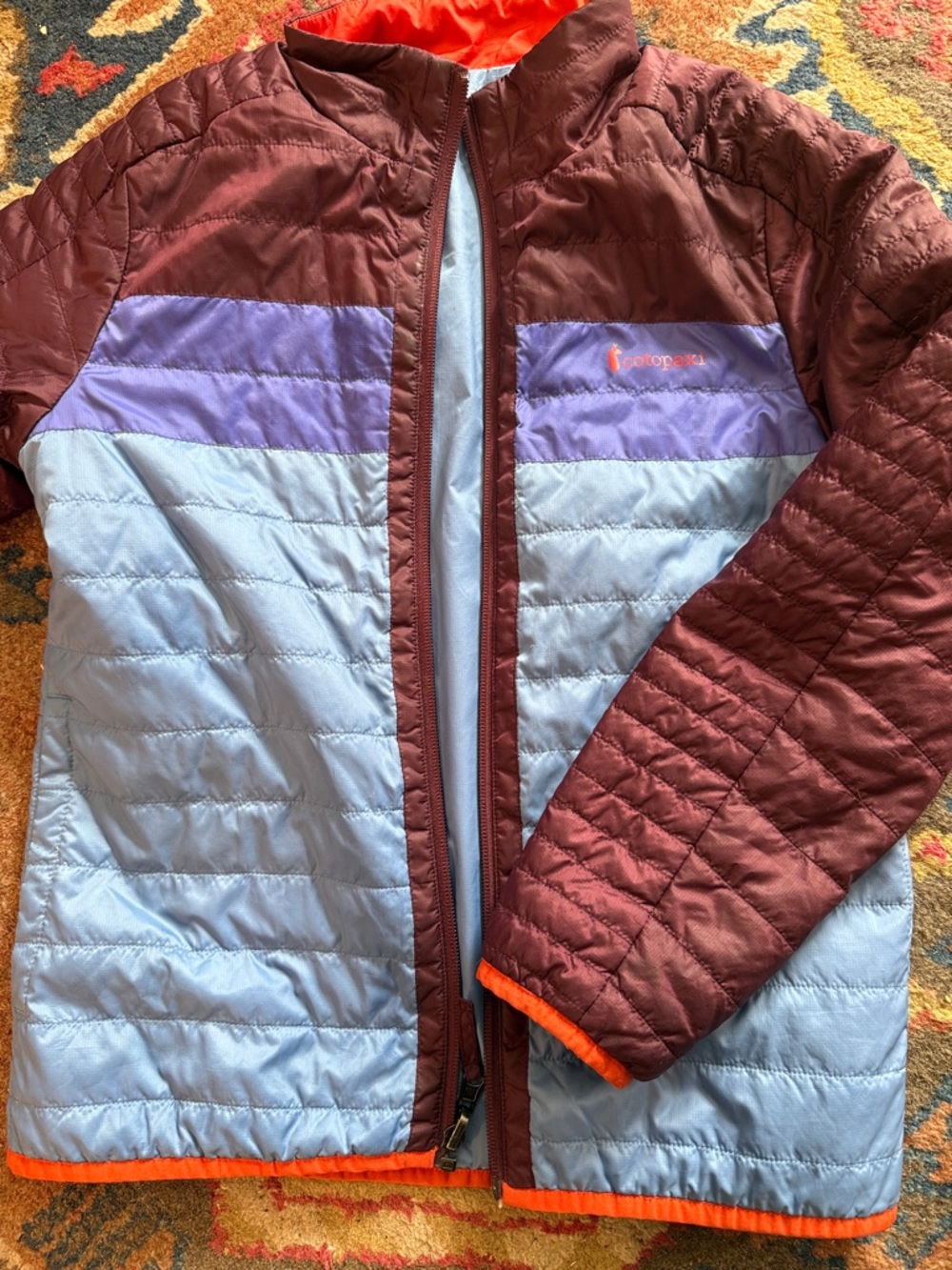 cotopaxi Kids Colorblock Puffer Jacket in Bright Orange and Light Blue